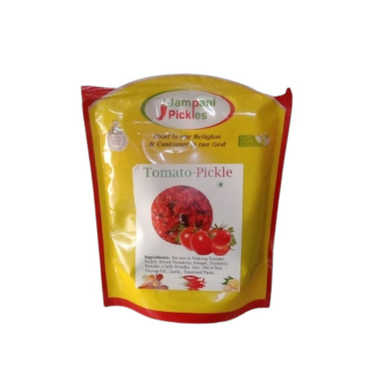 Packaged tomato pickle with a yellow and red label on a white background
