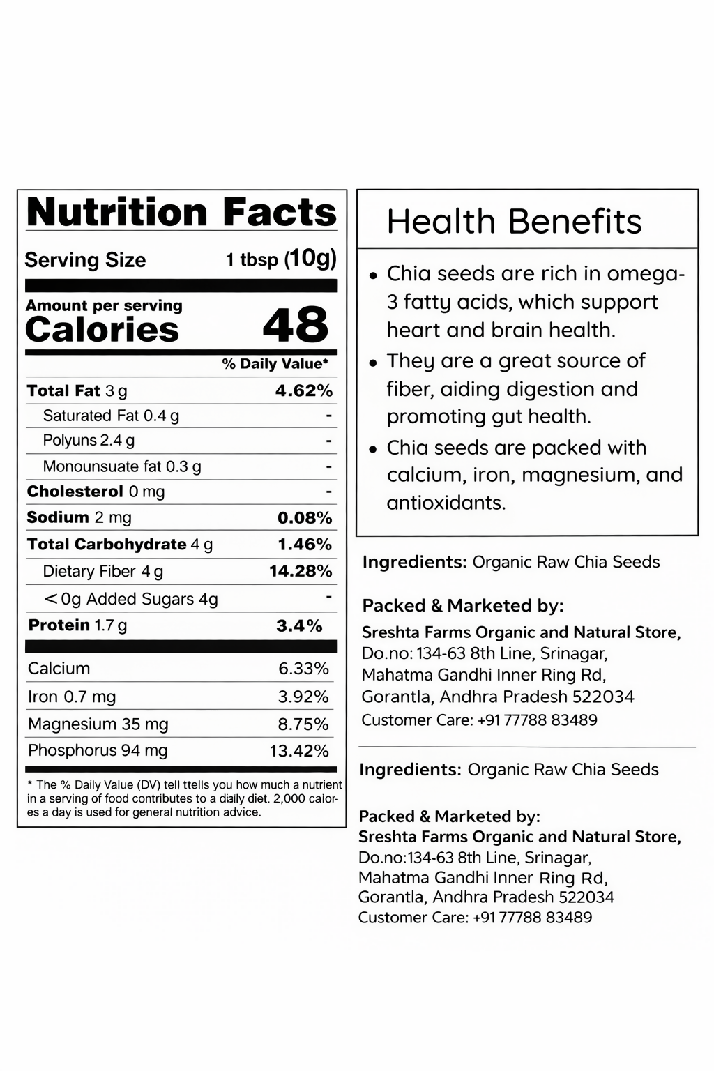 Sreshta Farms Raw Chia Seeds Natural & Nutrient-Rich Superfood