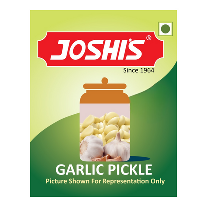 Joshi's Garlic Pickle packaging with a green background