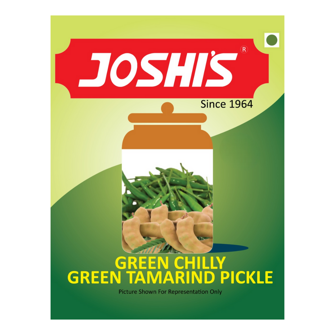 Joshi's Green Chilly Green Tamarind Pickle packaging on a white background