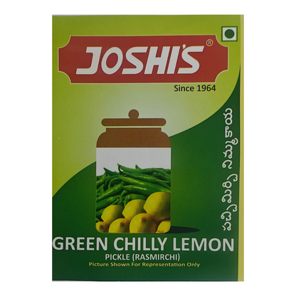 Packaging of Joshi's Green Chilly Lemon Pickle with green background