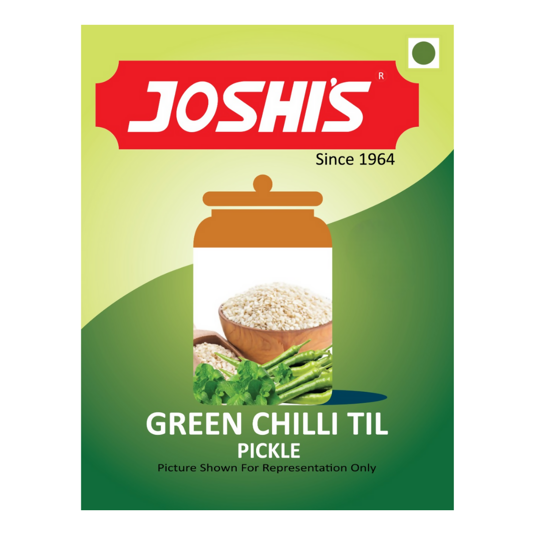Joshi's Green Chilli Til Pickle packaging with a green background