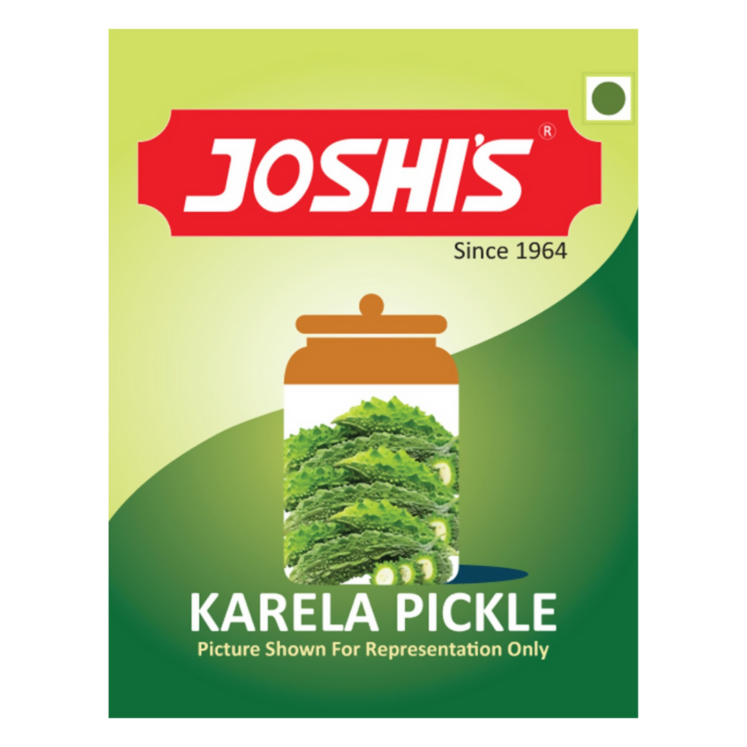 Joshi's Karela Pickle packaging on a green background