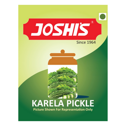 Joshi's Karela Pickle packaging on a green background