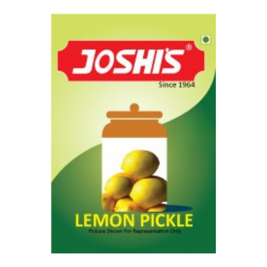 Packaging of Joshis Lemon Pickle with a green background