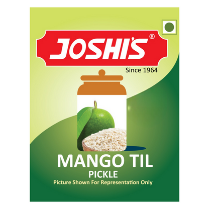 Packaging of Joshis Mango Til Pickle with a green and red design.