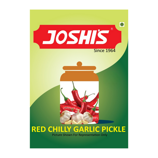 Packaging of Joshis Red Chilly Garlic Pickle with a green and red color scheme.