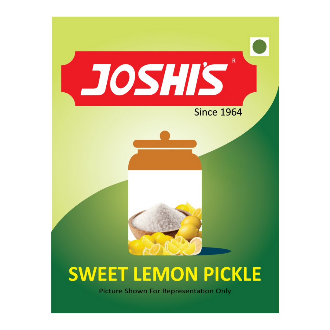 Joshi's Sweet Lemon Pickle packaging with a green background