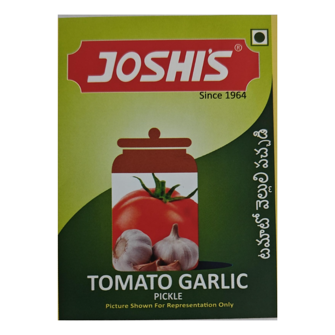 Joshi's Tomato Garlic Pickle packaging on a white background