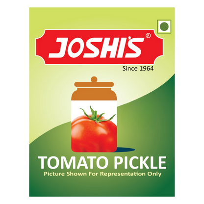 Joshi's Tomato Pickle packaging with a tomato and jar illustration on a green background