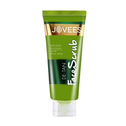 Green tube of Jovees De-Tan Face Scrub on a white background