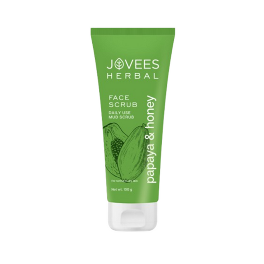 Green tube of Jovees Herbal Face Scrub with papaya and honey on a white background