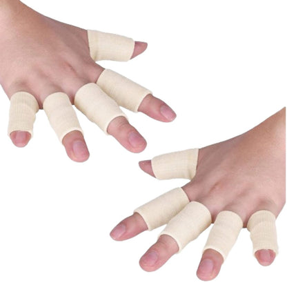 Hands wearing finger separators on a white background
