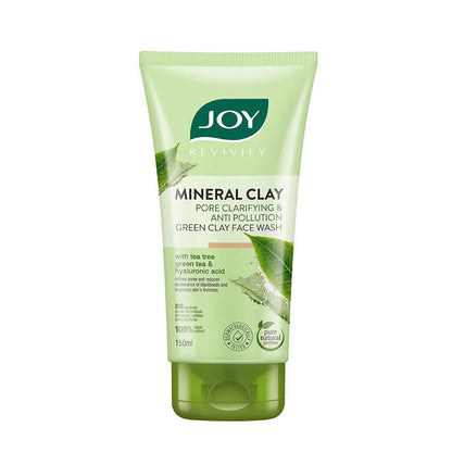 Green clay face wash tube with JOY brand on a white background