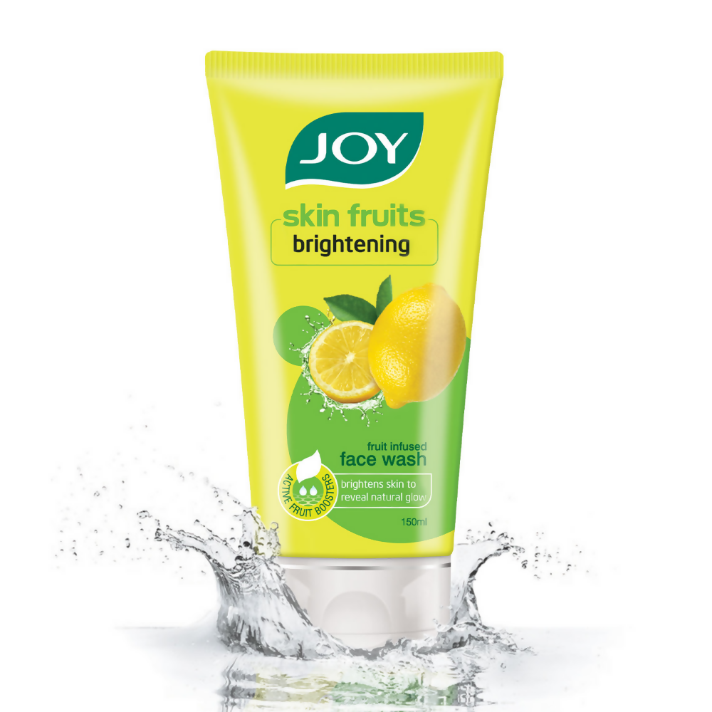 Joy skin fruits brightening face wash tube with lemon graphics on a white background