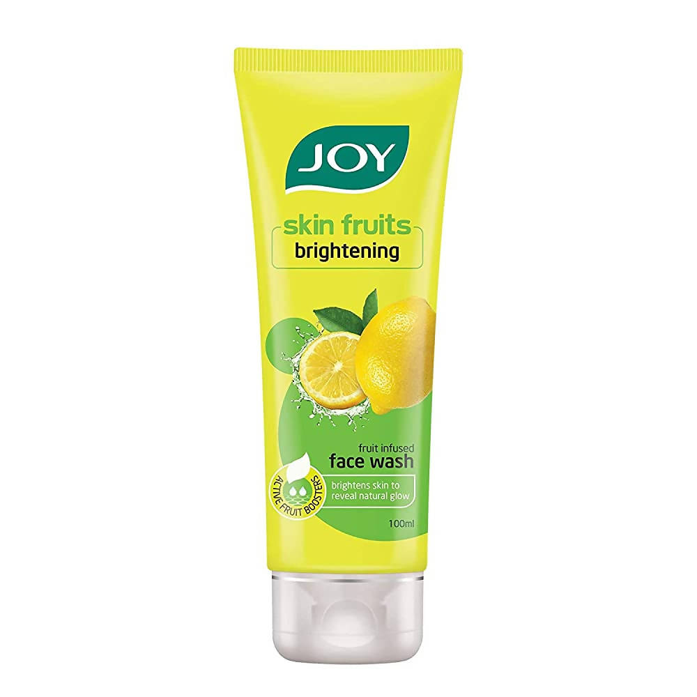 Tube of Joy Skin Fruits brightening face wash with lemon graphics on a white background