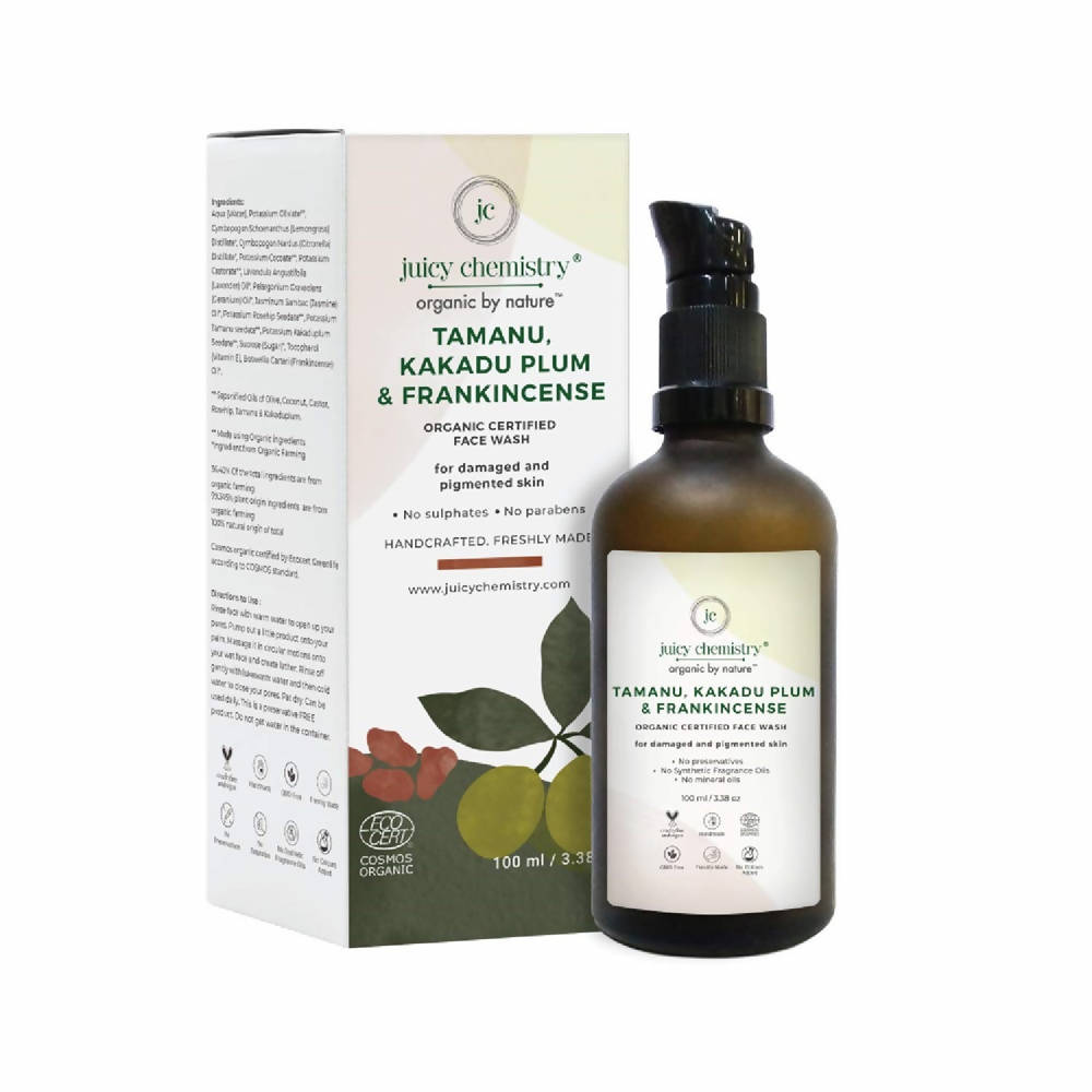 Juicy Chemistry Tamanu Kakadu Plum & Frankincense skincare product and packaging on a white background
