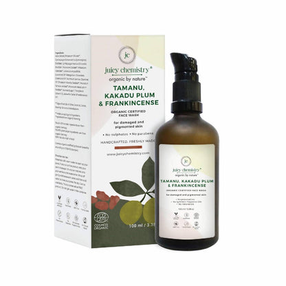 Juicy Chemistry Tamanu Kakadu Plum & Frankincense skincare product and packaging on a white background