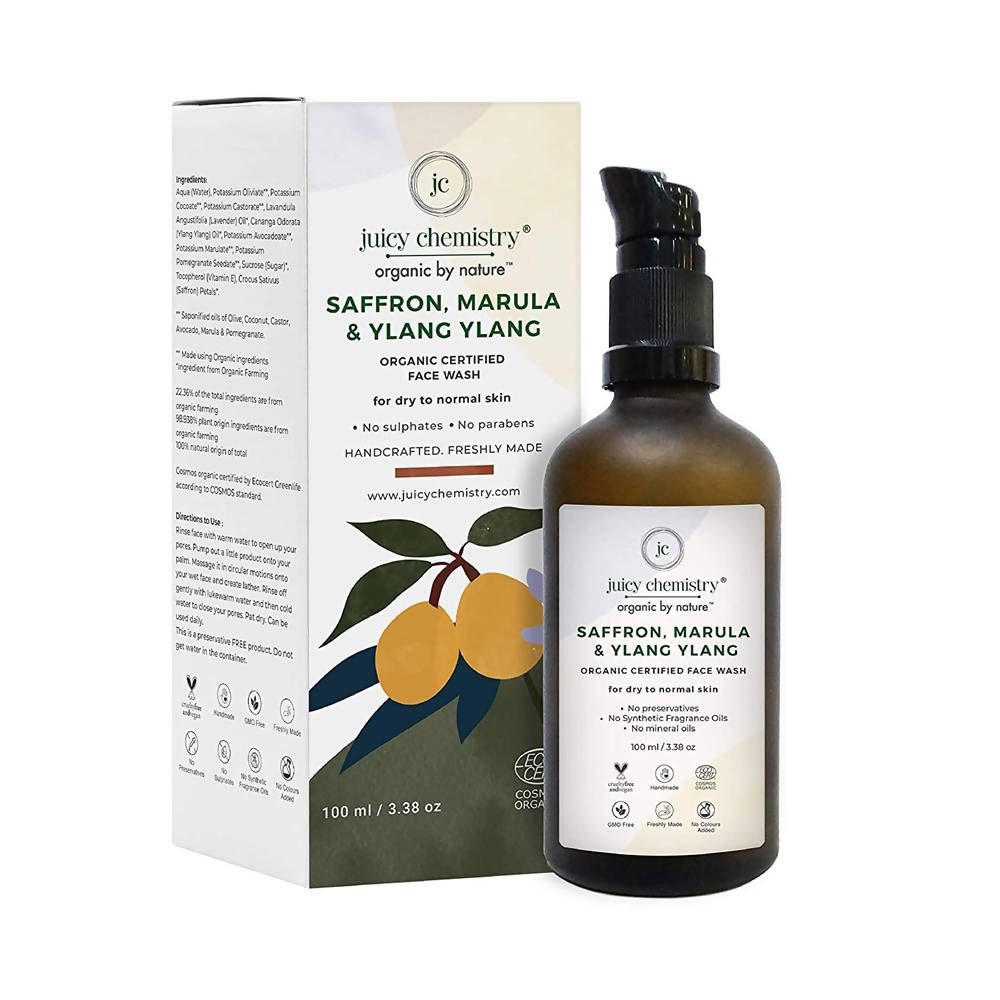Juicy Chemistry Saffron, Marula & Ylang Ylang face wash bottle and packaging on a white background