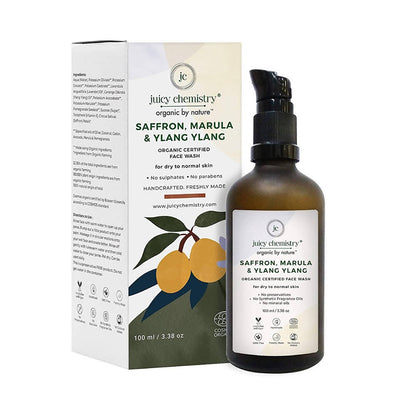 Juicy Chemistry Saffron, Marula & Ylang Ylang face wash bottle and packaging on a white background
