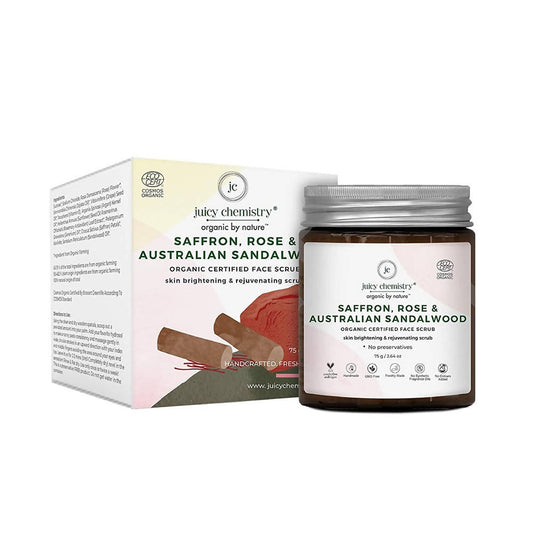 Juicy Chemistry saffron, rose, and Australian sandalwood face scrub packaging on a white background