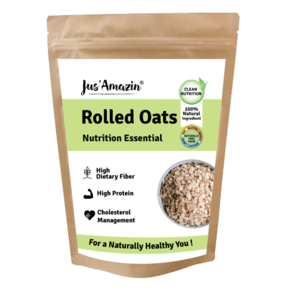 Package of Jus' Amazin' rolled oats with a white background