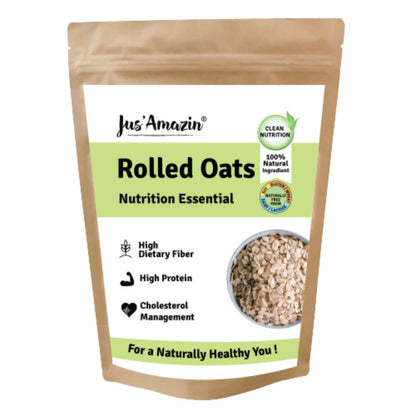 Package of Jus' Amazin' rolled oats with a white background