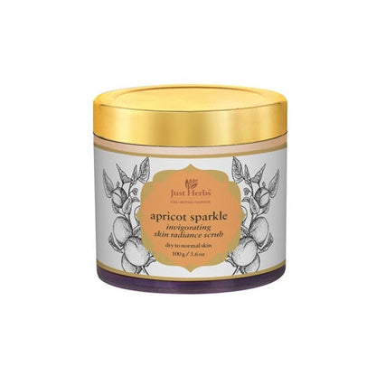 Jar of 'Apricot Sparkle' skin radiance scrub with a gold lid on a white background