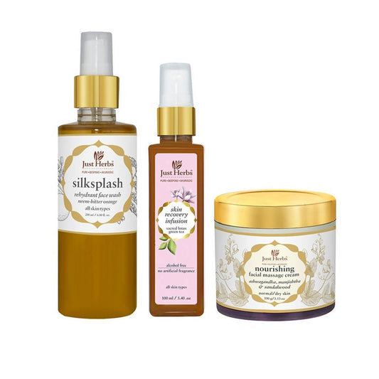 Three skincare products from Just Herbs on a white background