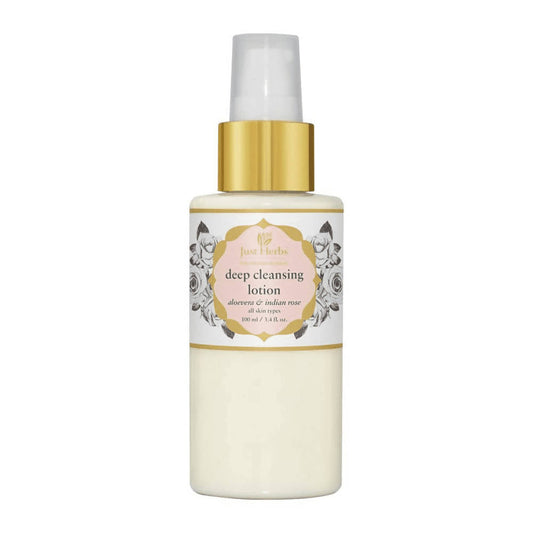 White bottle of deep cleansing lotion with gold cap on a white background