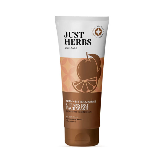 Tube of 'Just Herbs' Neem & Bitter Orange Cleansing Face Wash on a white background