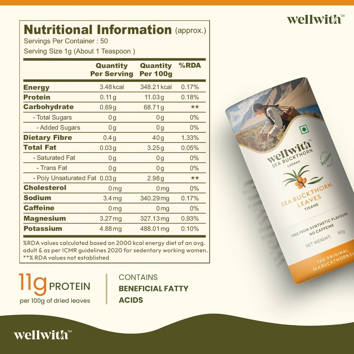 Wellwith Sea Buckthorn Raw Leaves Tea - Himalayan Herbal Leaf Tea