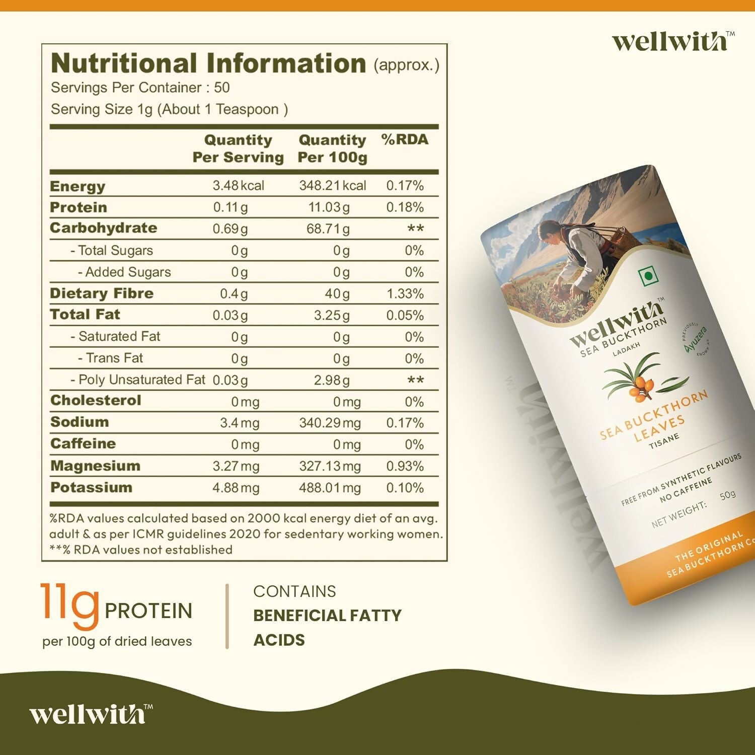 Wellwith Sea Buckthorn Raw Leaves Tea - Himalayan Herbal Leaf Tea