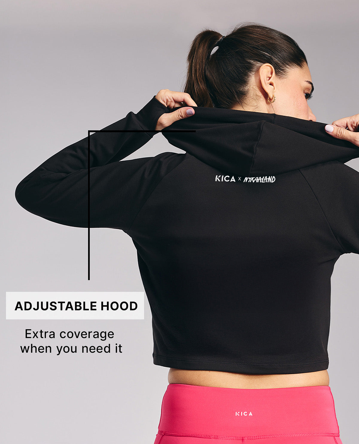 Kica KIC604 Black Cropped Hoodie - In Cotton Terry Fabric