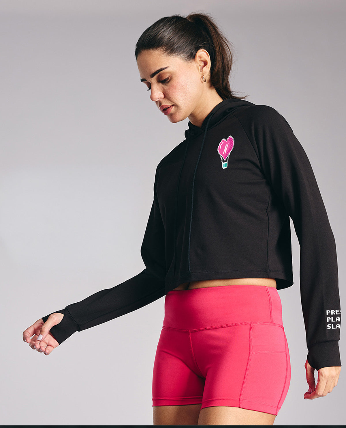 Kica KIC604 Black Cropped Hoodie - In Cotton Terry Fabric