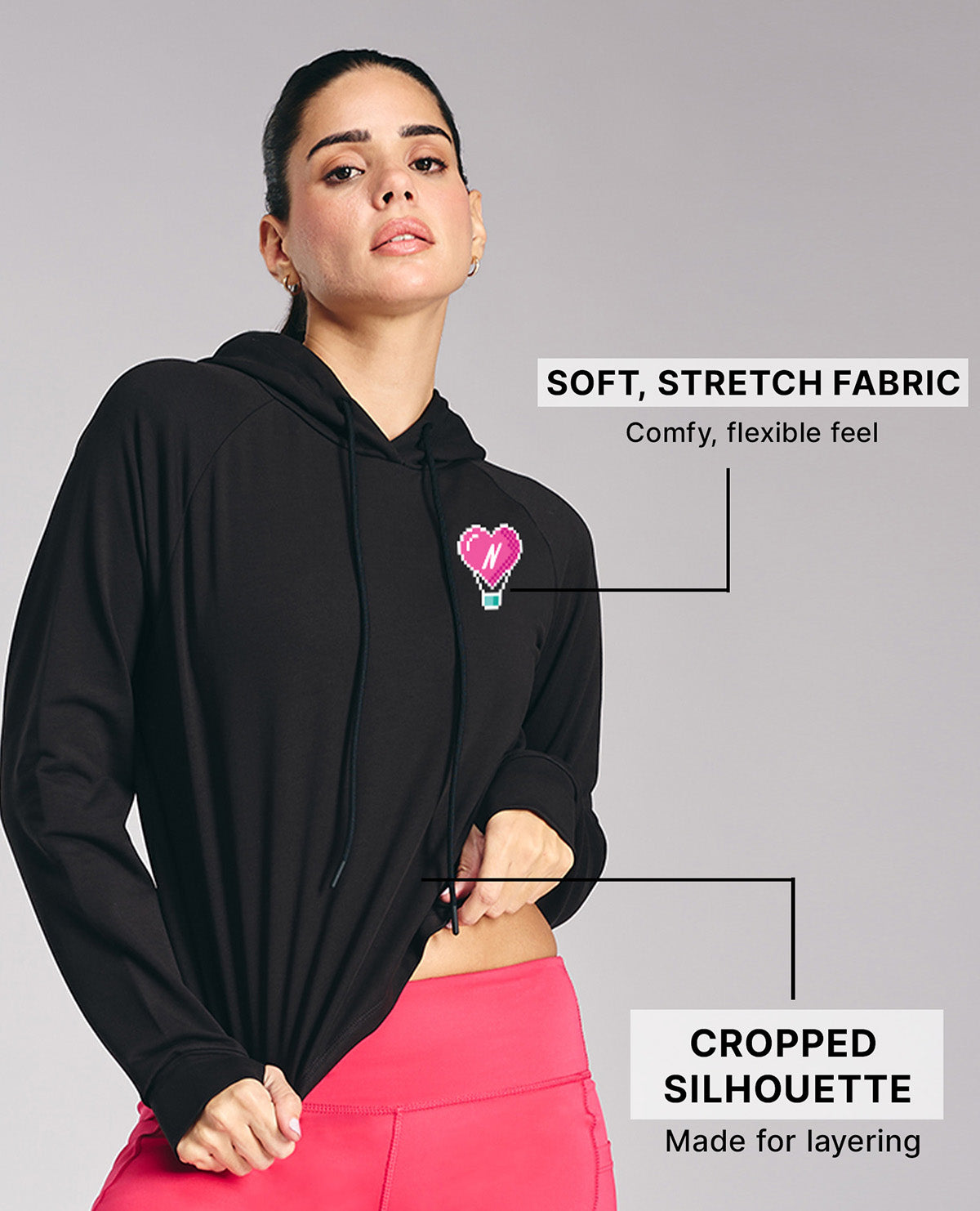 Kica KIC604 Black Cropped Hoodie - In Cotton Terry Fabric