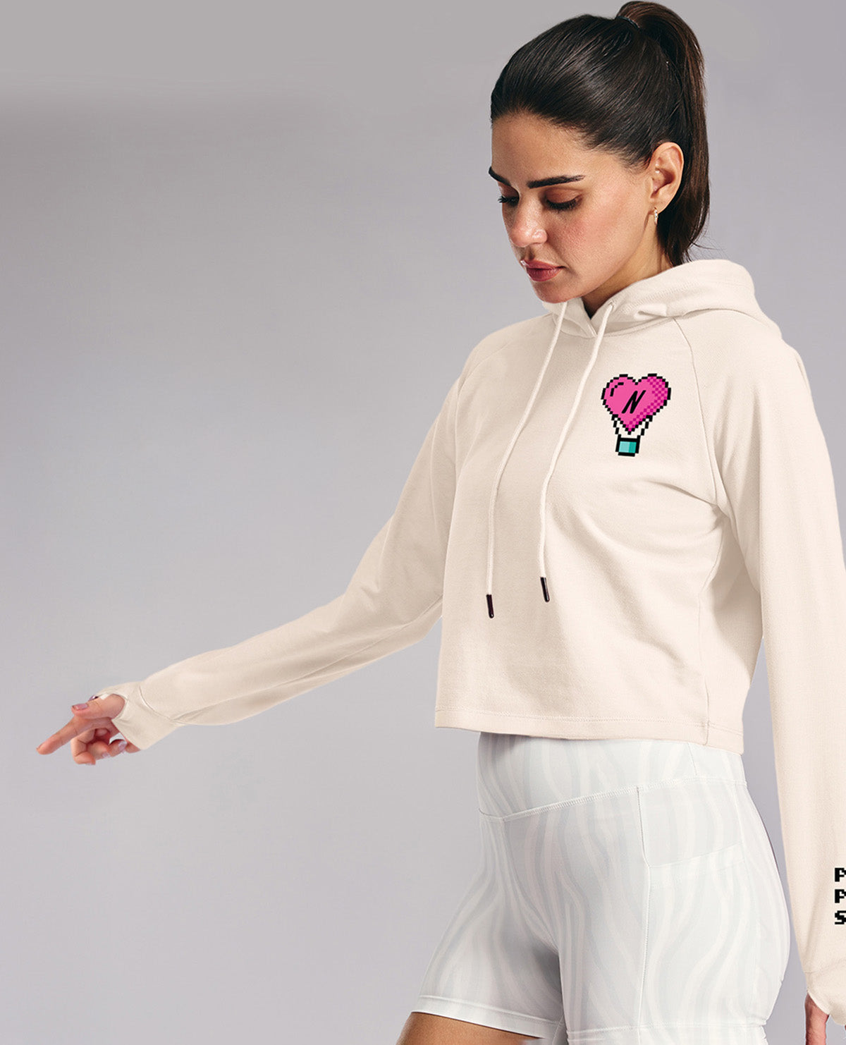 Kica KIC604 Off White Cropped Hoodie - In Cotton Terry Fabric