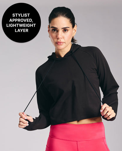 Kica KIC605 Black Cropped Hoodie - In Cotton Terry Fabric