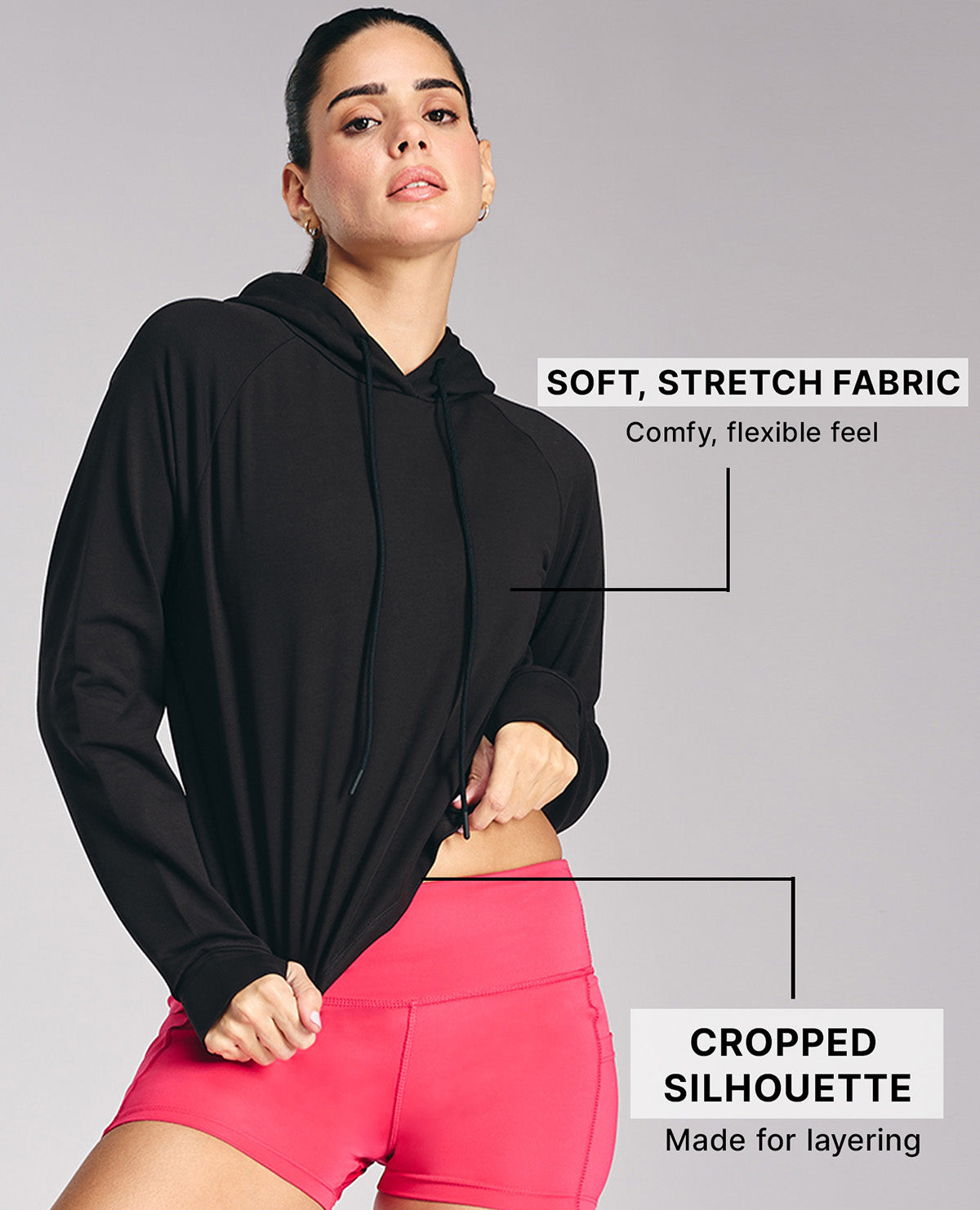 Kica KIC605 Black Cropped Hoodie - In Cotton Terry Fabric