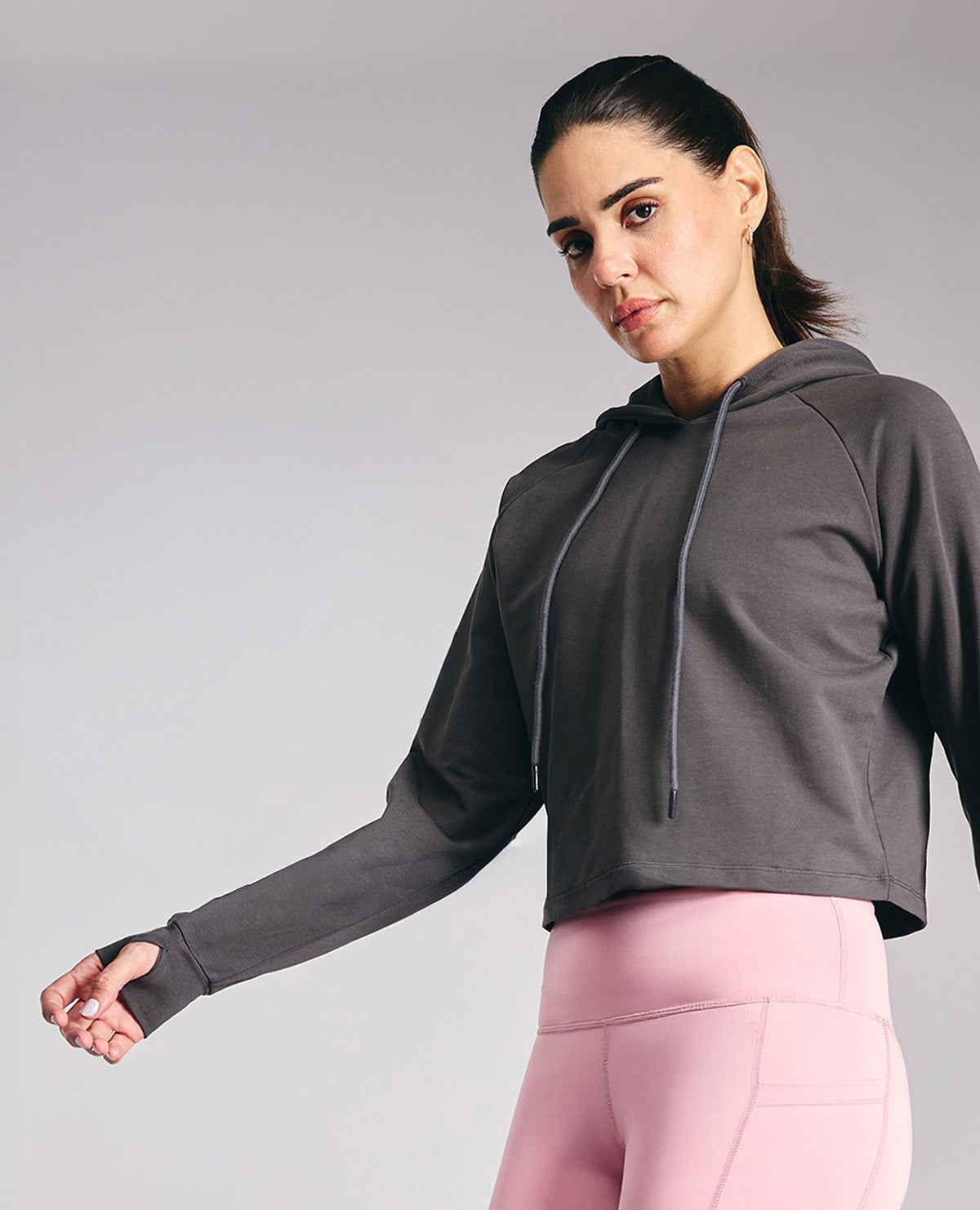 KIC605 Grey Cropped Hoodie - In Cotton Terry Fabric