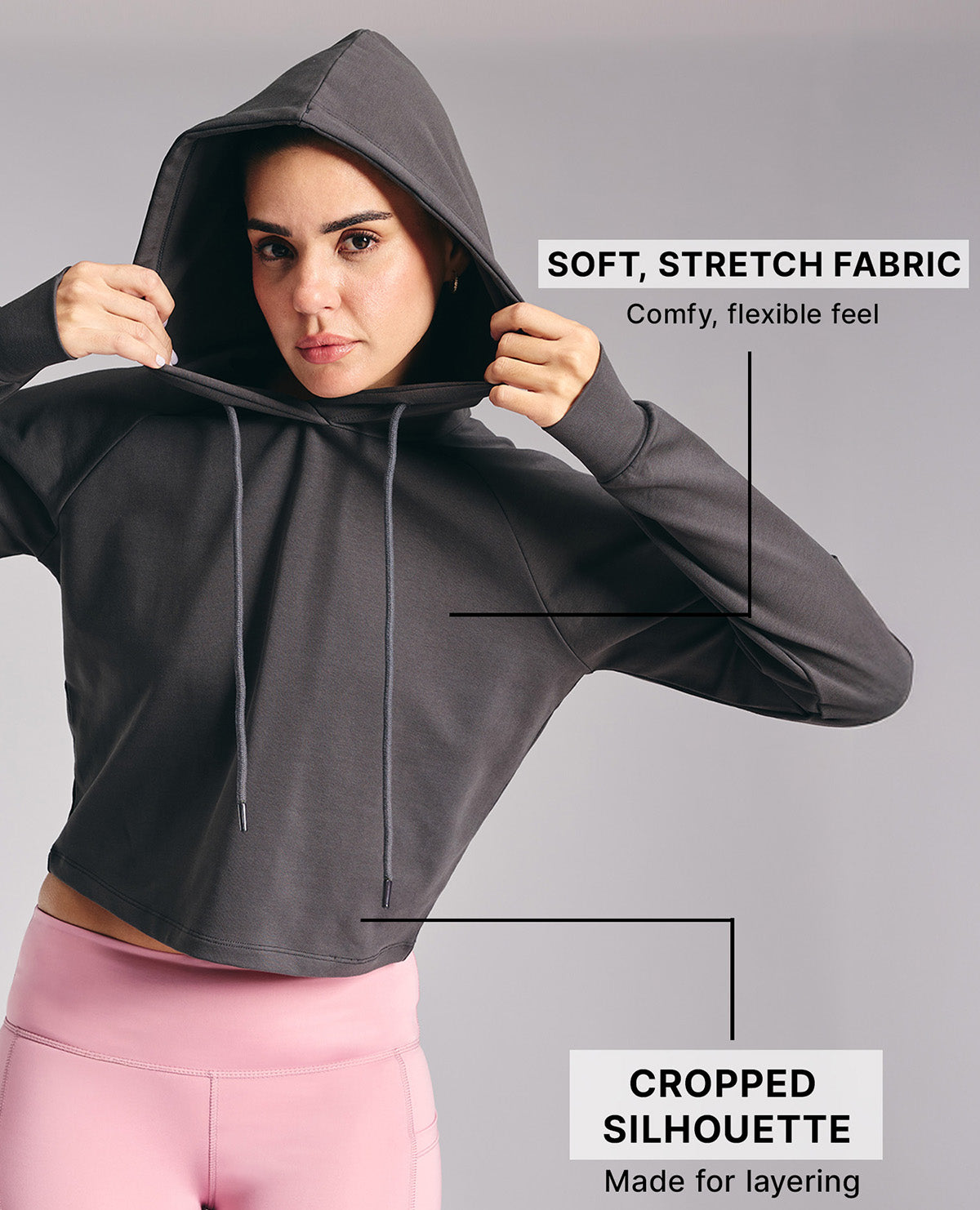 KIC605 Grey Cropped Hoodie - In Cotton Terry Fabric