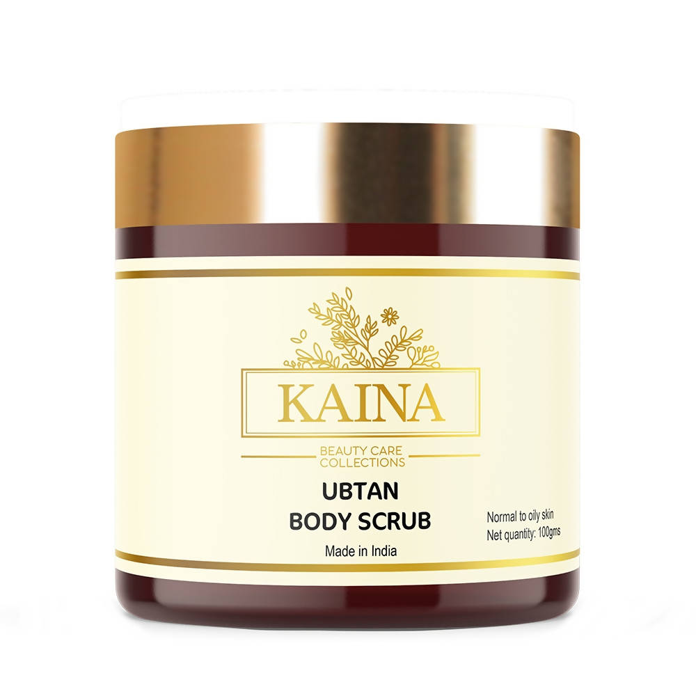 Kaina Ubtan Body Scrub jar with gold lid on a white background
