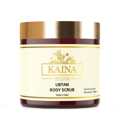 Kaina Ubtan Body Scrub jar with gold lid on a white background
