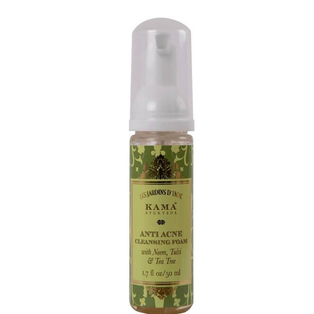 A pump bottle of Kama Ayurveda Anti Acne Cleansing Foam with neem, tulsi, and tea tree.