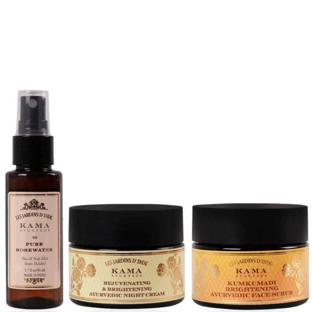 Three Kama Ayurveda skincare products on a white background