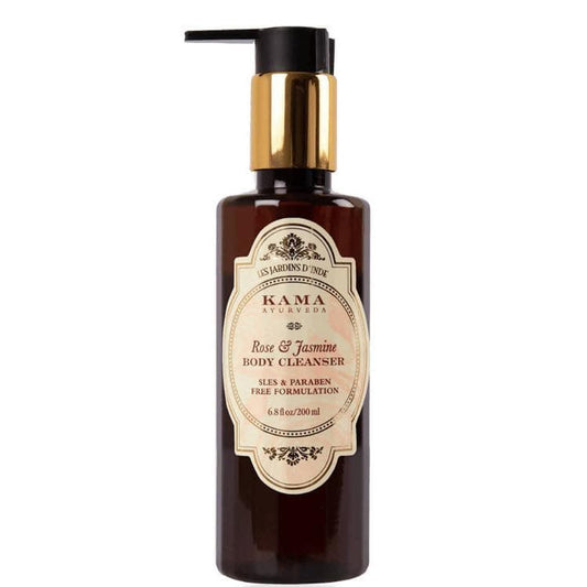 Brown bottle of Kama Ayurveda Rose & Jasmine Body Cleanser on a white background