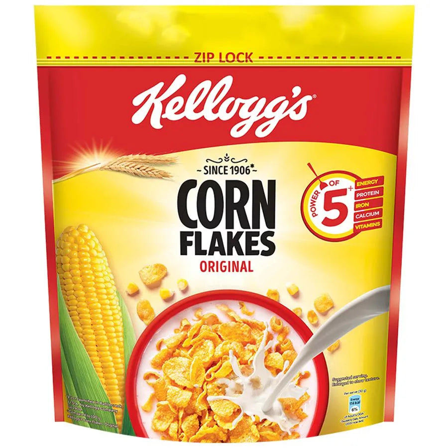 Kellogg's Corn Flakes cereal package with corn illustration on a white background