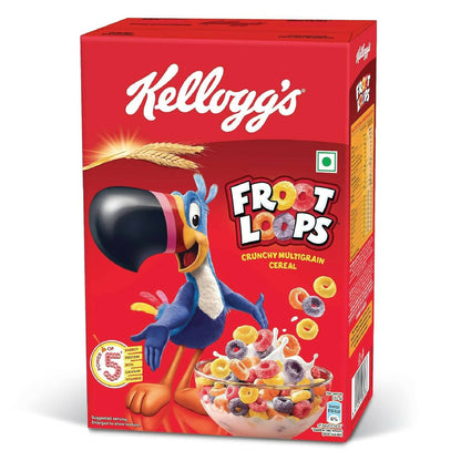 Kellogg's Froot Loops cereal box with a cartoon character on a red background