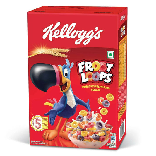 Kellogg's Froot Loops cereal box with a cartoon character on a red background