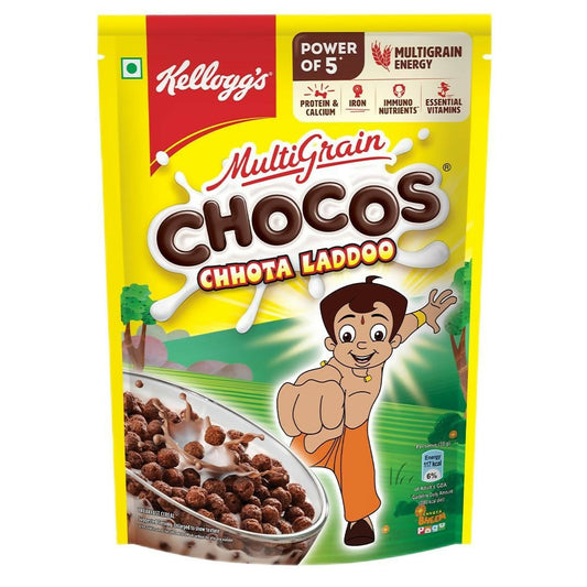 Kellogg's MultiGrain Chocos Chhota Ladoo cereal package with a cartoon character on a white background